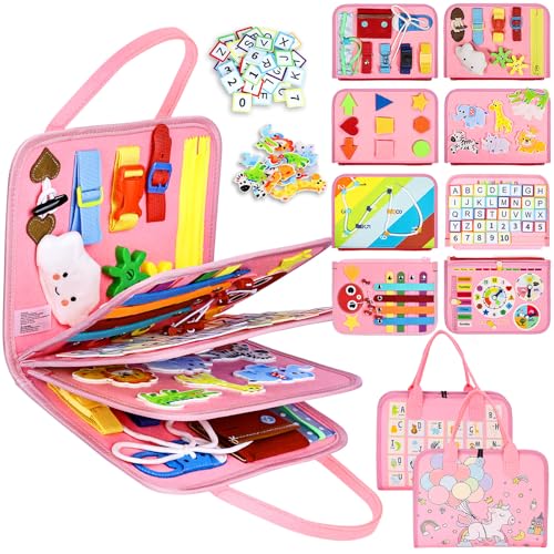 Image of Esjay Toddler Busy Board Montessori Toys, Sensory Board Educational Activities for Learning Fine Motor Skills, Gifts for Girls Boys Toddlers, Travel Toys for Airplane Car,Fairy Horse