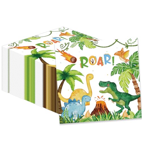 50 Pcs Dinosaur Napkins 13 x 13 Inches, Dinosaur Birthday Paper Napkins Dinosaur Theme Disposable Cocktail Napkinsfor Kids Boys Birthday Party Decorations (Dinosaur)