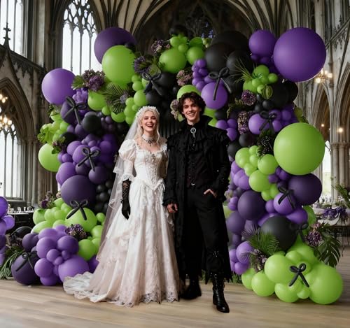 Image of Black Purple Balloon Garland Arch Kit, Double Stuffed Purple Black Balloons Lime Green Lavender Balloon Arch for Wedding Birthday Baby Shower Gothic Wednesday Party Decorations