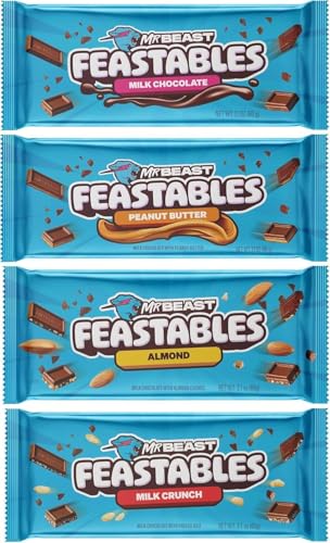 Mr Beast Feastable Chocolate Bar Mix Bundle | x1 Milk Chocolate | x1 Almond Milk Chocolate | x1 Milk Crunch | x1 Peanut Butter | 60g Bars