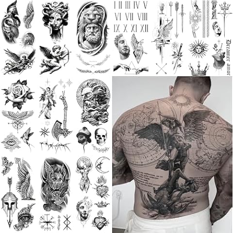 Impressed Modern Masuline Full Sleeve Semi Permanent Fake Tattoos for Men - Geometric Greek, Roman, Viking Gods & Goddess, Bird Wings, Axe, Knight - Large Realistic Temporary Tats for Guys Cover