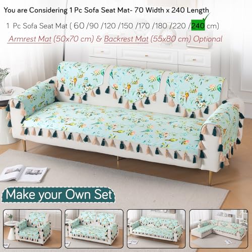 Image of HOKIPO Sofa Cover Mat with Tassel for 1 /2 /3 Seater & L Shape Sofa | DIY Sofa Cover Set | Printed Holland Velvet | 'Whispers of Nature' | 70(W) x 240(L) cm | Mint Birdsong Blossom (IN-1124-D3)