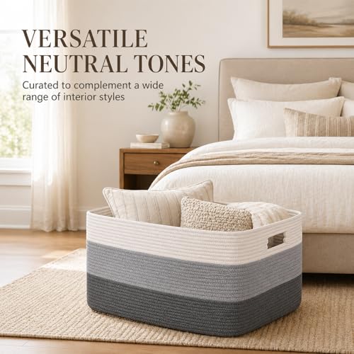 Image of OIAHOMY Large Blanket Basket For Living Room, Rectangle Woven Baskets for Storage, Nursery Toy Storage With Handle-22 inchx17 inchx12 inch-Gradient Dark Grey