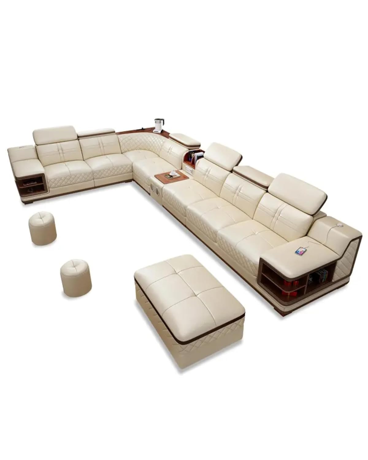 L Shape 7 Seater Luxury Leather Sofa Set with Bluetooth Speaker, Beige, Fabric and Solid Wood, with 2 Sitting Stool and Footrest-image-26