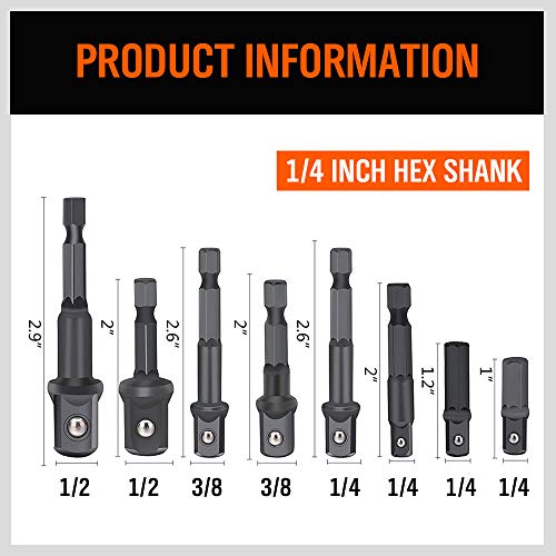 Horusdy 8-Piece Power Drill Sockets Adapter Sets, Hex Shank Impact Driver Socket Adapter, Socket To Drill Adapter 1/4" 3/8" 1/2" Impact Driver Adapter #TOP6