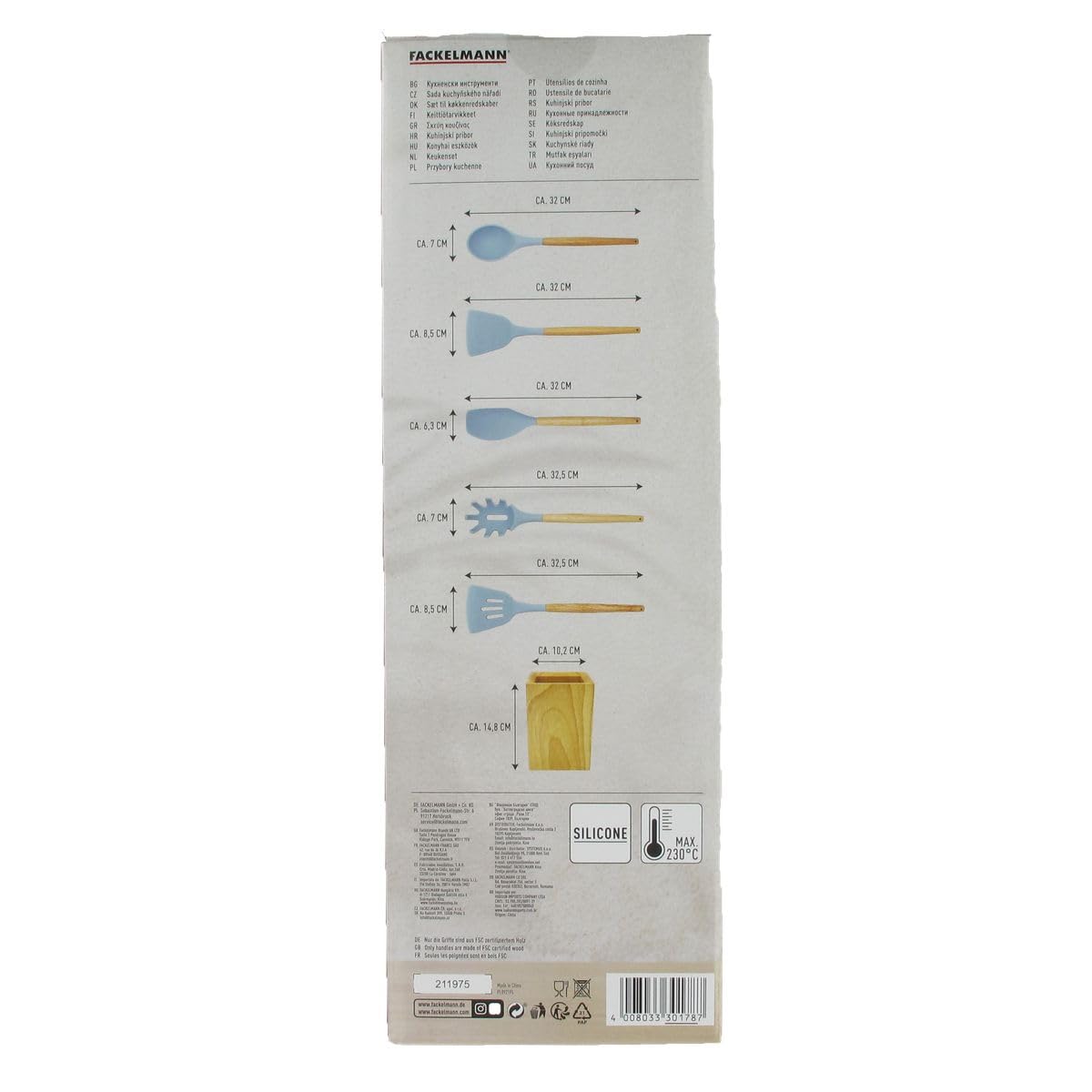 Fackelmann 30178 - Set di 5 utensili da cucina, set di cucchiai e spatole da cucina e supporto in legno, silicone, legno FSC, 32 cm