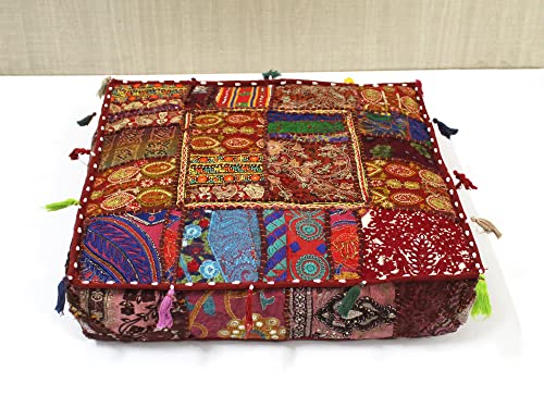 CRAFT KALA Indian Square Patchwork Traditional Pouf Cover Indian Living Room Poufs Decorative Embroidered Designer Ottoman Home Living Footstool Chair Cover Ottoman Decor (Brown, 22x22x5 inches)