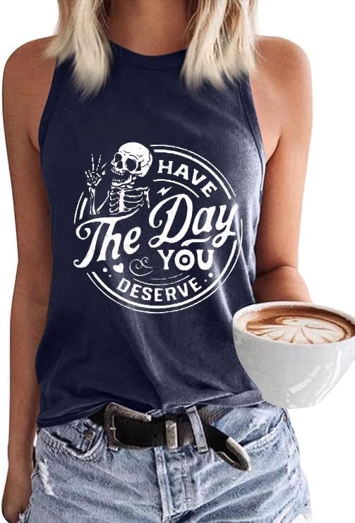 PUCKOLITY Halloween Tank Tops for Women Funny Skull Skeleton Graphic Casual Shirts Sleeveless Workout Vest Fall Tee TopsXXL 2 Navy Blue