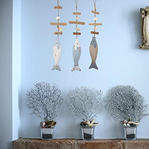 Veemoon 3pcs Wooden Fish Decor Hanging Wood Fish Pendant Nautical Decor Fishbone Rustic Nautical Fish Decor Beach Theme Home Decoration Fish Sculpture for Wall
