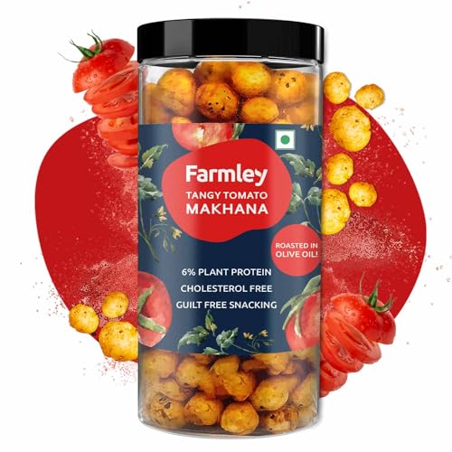 Image of Farmley Roasted and Flavoured Tangy Tomato Makhana | Namkeen Snacks & Puffed Snacks | Healthy Snack | Cholesterol Free | Gluten Free | Rich In Protein & Fiber | Roasted in Olive Oil - 77g Jar