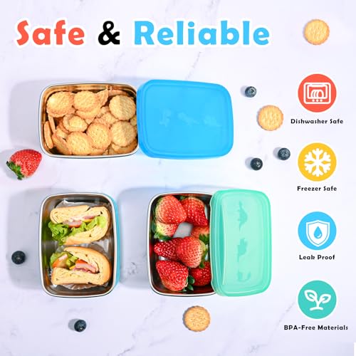 Image of Tanjiae 3-Pack Stainless Steel Snack Containers - 550ml (18oz) Leakproof Colorful Lids with Cute Dinosaurs | LFGB Certified, Stackable Metal Lunch Box for Home, Picnic, Travel