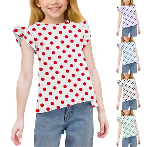 Girls Ruffle Flutter Sleeve Cute Ploka Dots T-Shirts Casual Loose Crewneck Tees Summer Tops for Kids 3-15 Years2