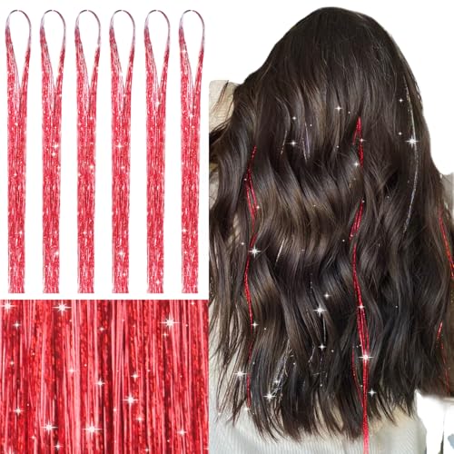 Image of WENNALIFE Hair Tinsel for Girls, Red Fairy Kit 1200 Strands 6PCS 48 Inch Heat Resistant Glitter Hair Extensions Kit Christmas Angel Feathers Sparkle Strands Party Festival