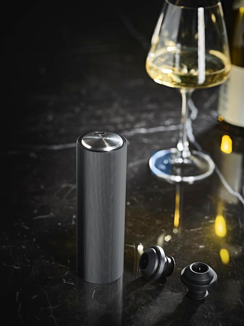 Peugeot Preserve Line Electric Vacuum Pump for Wine Preservation, 100% Automatic 14cm/5.5in.-Includes 2 Stoppers, Aluminum Carbon Grey