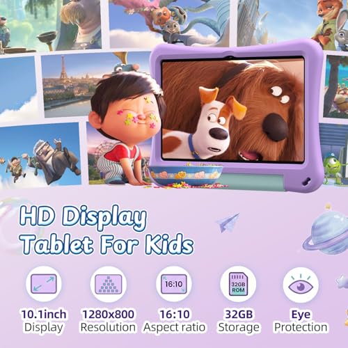 Image of Kids Tablet 10 inch, Android 16 Tablet for Kids, 20GB RAM, 32GB ROM, 1TB Expandable Storage, Parental Controls, 6000mAh Battery, Dual Camera, Wi-Fi 6, BT 5.4, EVA Case (Purple)