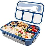 Brotdose Kinder mit 4 Fächern und Besteck,1300ML Erwachsene Lunchbox Bento Box,für Mikrowellen und Spülmaschinen,Bpa-Frei(blau)
