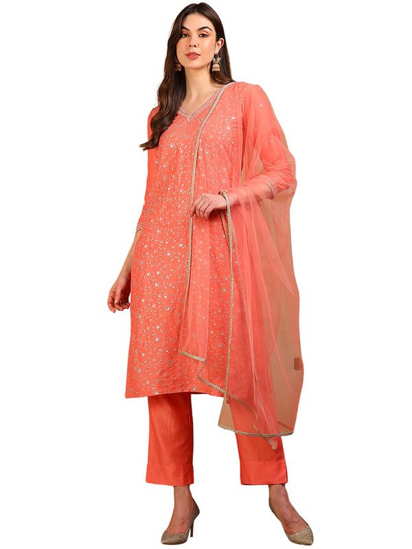 Image of Vaamsi Women's Silk Blend Floral Embroidered Straight Kurta Pant With Dupatta With Cotton Inner