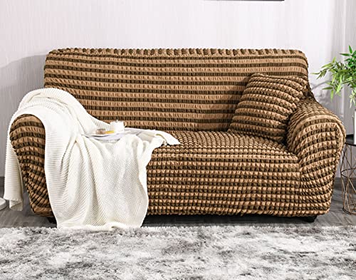Housse de canapé extensible seersucker 2 places café 3D gaufré - 2