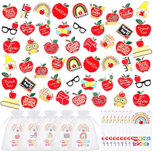 Image of Siifert 50 Sets End of Year Teacher Gifts in Bulk Graduation Teacher Appreciation Week Apple Lapel Pins Enamel with Thank You Cards and Organza Bags Backpack Pins School Classroom