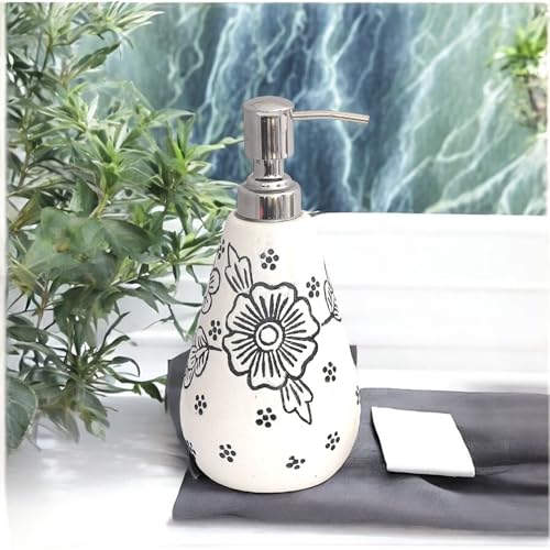 Image of Ceramic Soap Dispenser 330ml (Set of 1) | Multipurpose Liquid Soap, Lotion & Hand Wash Pump Bottle for Bathroom & Kitchen | White Flower Design
