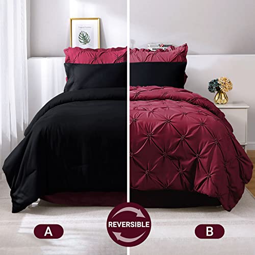 JOLLYVOGUE Burgundy Twin Size Comforter Sets 5 Pieces, Pintuck Bed in a Bag Comforter Set for Bedroom, Bedding Comforter Sets with Comforter, Sheets,Ruffled Shams & Pillowcases
