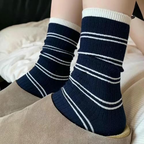 3 pairs - autumn and winter striped patchwork navy blue milk white college mid-tube stacking socks3