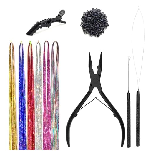Kit de extensão de cabelo com ferramentas (47 polegadas, 6 cores, 1200 fios) 100 contas pretas, alicate, laço e clipe de cabelo brilhante com glitter para mulheres e festas de grils