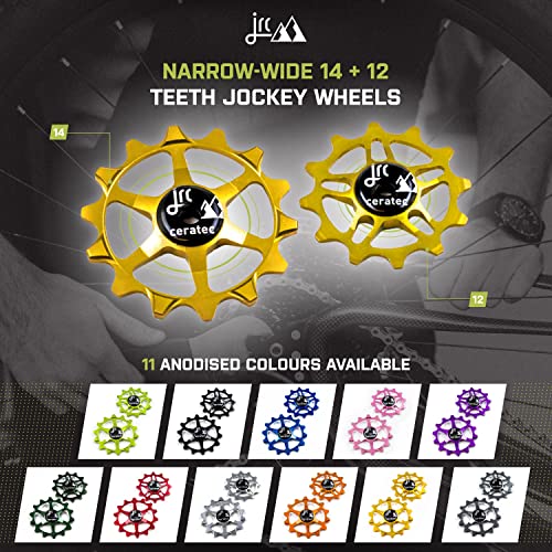 Image of JRC Components Ceramic Derailleur Pulley Wheels | Pair of 14&12T Hybrid Ceramic Bearing - MTB Bike Rear Derailleur Wheels - Gold
