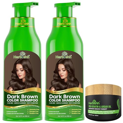 Paquete combinado: 2 champús Herbishh para color de cabello para cabello gris + 1 mascarilla capilar intensa de argán - Champú para teñir el cabello - 500 ml (marrón oscuro)