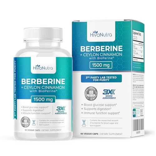 3X Strength Berberine Supplement with Ceylon Cinnamon & Bioperine 1500mg Weight Management Support - 60 Vegan Capsules