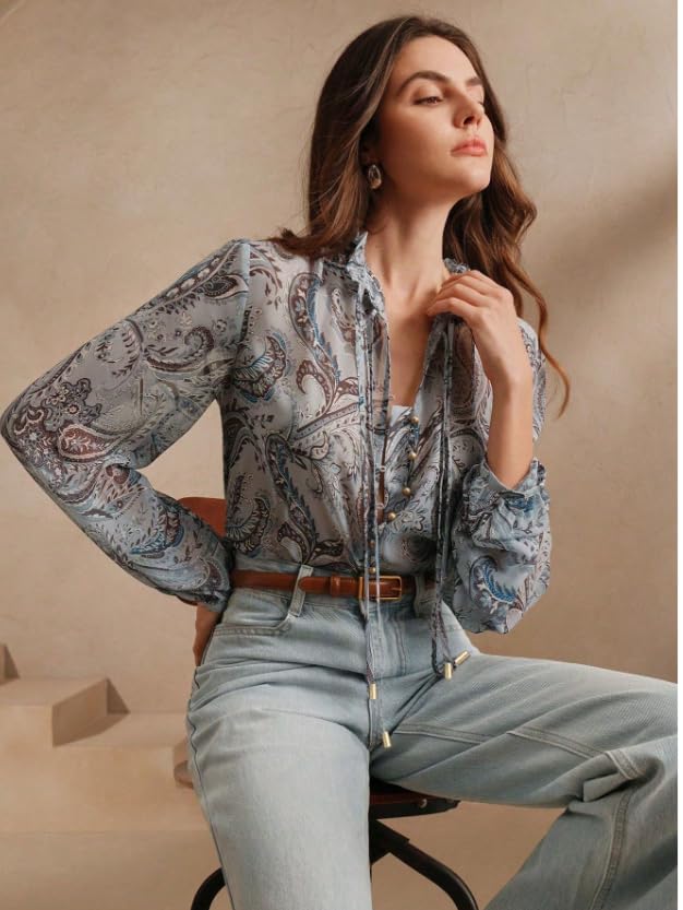 Image of Women Shirt ||Women Top || Cecily Paisley-Trim Button-Front Shirt (S-01-04)