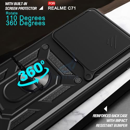 Image of AESTMO Tough Armor Realme C71 Bumper Back Case Cover | Ring Holder & Sliding Camera Shield Cover | 360 Degree Protection Back Case Cover for Realme C71 (Black)