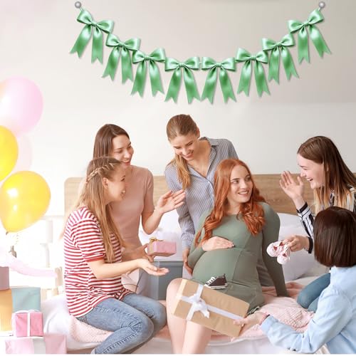 Image of 2 Strings of 16PCS Sage Green Bow Garlands Banner Decoration,Pre-Strung Satin Ribbon Ornaments for Birthday,Bachelorette Party,Bridal Shower,Wedding,Engagement,Baby Shower,Graduation Decor,Anniversary
