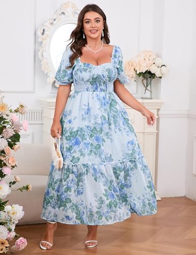 Women's Plus Size Floral Maxi Dress Puff Sleeves Cottagecore Corset Dresses Flowy Smocked Formal Casual Party Wear3