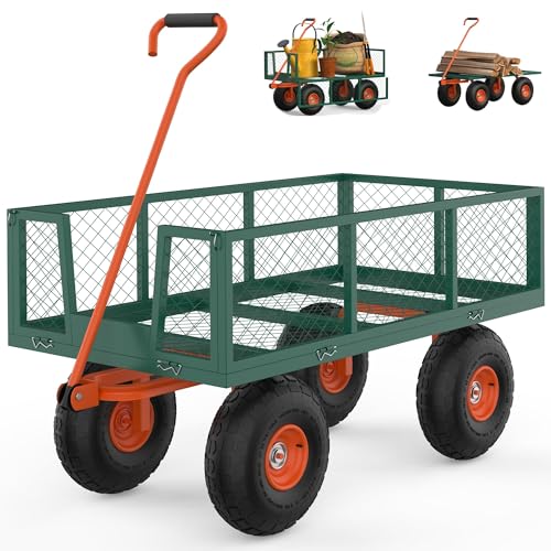 Heavy Duty Steel Garden Cart Wagon – 500 lbs Load, Removable Mesh Sides, 10' All-Terrain Wheels, 180° Adjustable T-Handle, Utility Yard Cart for Lawn, Farm, Warehouse, Outdoor – Green & Orange | 500