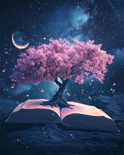 AYAOYANGGO 11CT Kit Ricamo Principianti Albero Di Fiori Fantasy Che Cresce Sui Libri Set Ricamo Fai Da Te Dipinto Contato Stampato Tamped Arte Murale Decorazione Casa 30x40cm