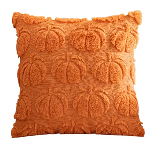 QKEINV 1PCS Autumn Cushion Covers, Orange Pumpkin Throw Pillow Covers, Pumpkin Decorative, Soft Fluffy Velvet Cushion Cover, Thanksgiving Decorations for Indoor Home Bedroom Couch Sofa Decor
