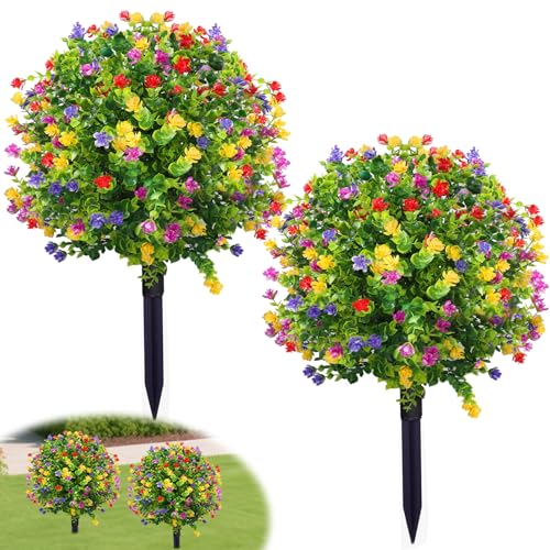 Hawofly Lot de 2 fleurs artificielles pour l'extérieur - Boules artificielles avec piquets de terre - Résistant aux UV - Idéal pour les vérandas, les...