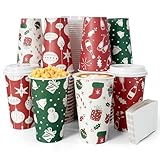 FUNPAK Christmas To Go Coffee Cups with Lids 16 oz Insulated Cups, 48 Packs Hot Cup for Chocolate/Coffee/Tea/Water/Juice, Coffee Bar Accessories with Lid & Sleeve, Christmas Cups Disposable Supplies