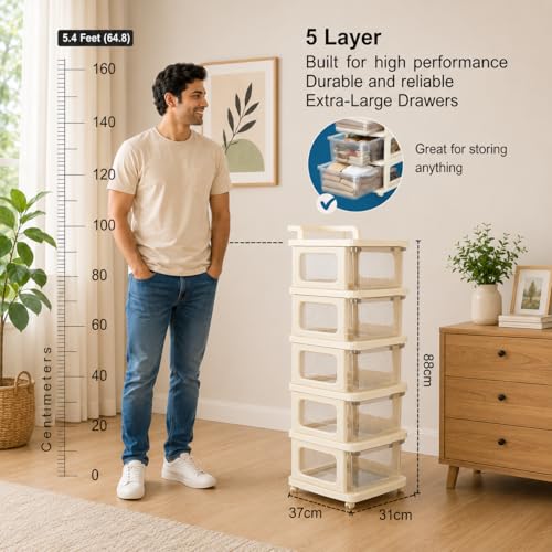 Image of URBAN LUXY Plastic Storage Drawer Organizer with Wheels | Multi-Purpose Chest of Drawers for Home, Office & Bedroom | Clothes, Toys & Stationery Organizer ((Ivory & Brown), 5 Layer)