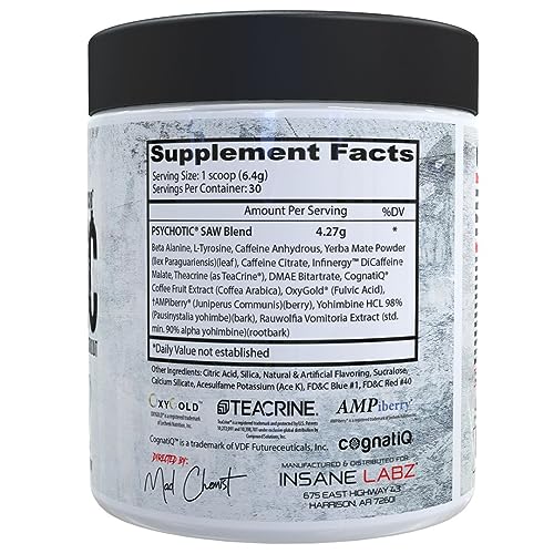 Image of Insane Labz Psychotic Saw, High Stim Pre Workout Powder with OxyGold­ and AMPiberry,Extreme Lasting Energy with Teacrine,Focus with CognitIQ and Endurance (30 Servings, Grape)