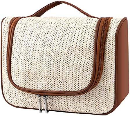 Makeup Bag Hand-Portable Girl Hanging Travel Toiletry Bag Cosmetic Bag For Women Large Makeup Bag Organizer (Straw Weaving White)