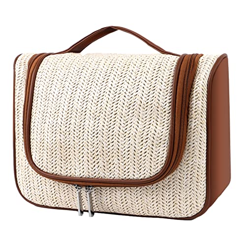 Makeup Bag Hand-Portable Girl Hanging Travel Toiletry Bag Cosmetic Bag For Women Large Makeup Bag Organizer (Straw Weaving White) #TOP3