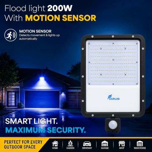 Image of Forus 200W LED Flood Light Blue with Motion Sensor Auto On Off Day Night Mode Waterproof Outdoor Security Light for Garden Parking Garage Factory Warehouse Shop High Bright Floodlight 4Yr Warranty-1Pc