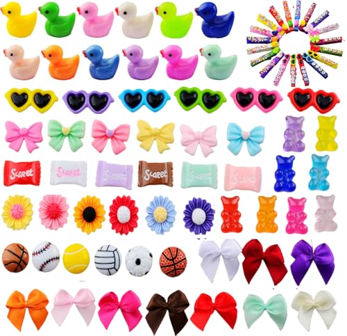 eswala Cheer Pin Charms for Cheer Pins Bulk 60pcs including Flat Back Duck Bows Flower Sunglasses Candy Sport Balls Bears Slime Charm for Crafts Jewelry Making