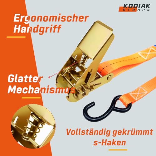 4 Stück Spanngurte 4m x 800kg mit Ratsche und S-Haken - 25mm Zurrgurte mit Ratsche - Orange Ratschengurt für Ladungssicherung - TÜV/GS geprüft nach DIN EN 12195-2 - KODIAK STRAPS