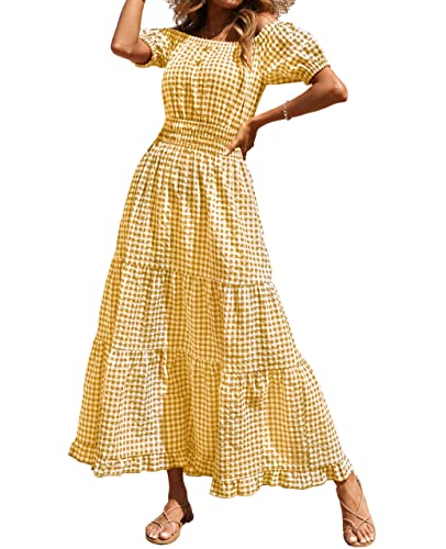 Btfbm Women Casual Short Sleeve Plaid Maxi Dresses Off Shoulder Vintage Dress Square Neck Gingham Beach Long Summer Dress (Medium, Plaid Yellow) #TOP9