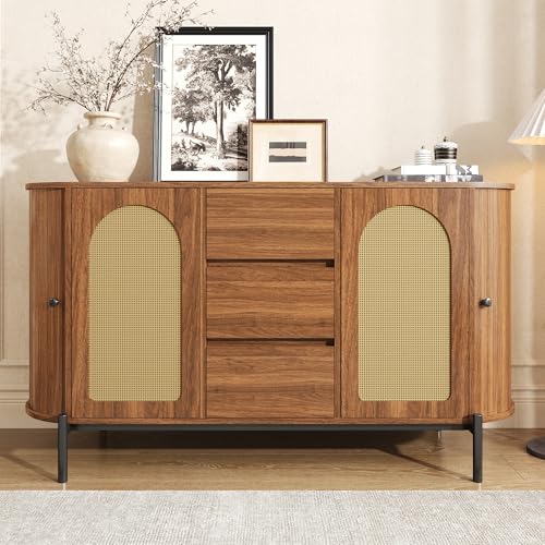 Moimhear Aparador ovalado con ratán, 140 x 38 x 77,5 cm, puertas correderas, puertas y cajones, compartimentos ajustables, imitación de madera, patas metálicas (nogal)