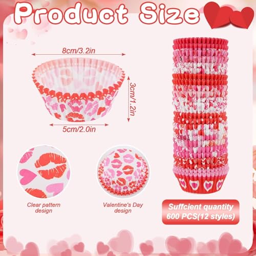 Image of 600 Pack Valentines Cupcake Liners Standard Muffin Cupcake Cups Cupcake Wrappers Paper for Wedding Party Decorations Supplies (12 Styles)