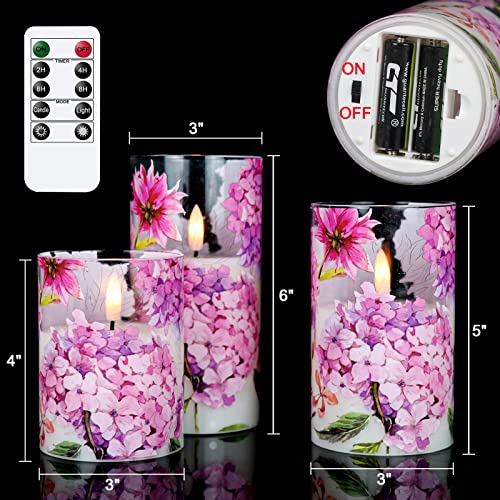 Image of Pink Hydrangea Glass Flameless Candles with Remote Timer Battery Operated LED Pillar Candles Realistic 3D Wick Flickering Real Wax Wedding Dinner Holiday Decor Candle 3 x 4,5,6 Inches